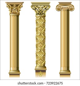 Set Of Classic Gold Columns In Different Styles. Vector Graphics