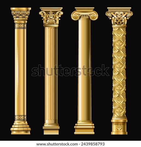 Set of classic gold columns in different styles. Vector graphics