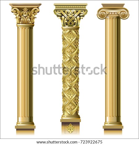 Set of classic gold columns in different styles. Vector graphics