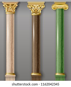 Set of classic gold and marble columns in different styles. Vector graphics