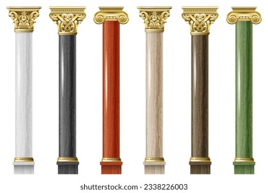 Set of classic gold and marble columns in different styles. Vector graphics