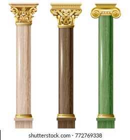 Set of classic gold and marble columns in different styles. Vector graphics
