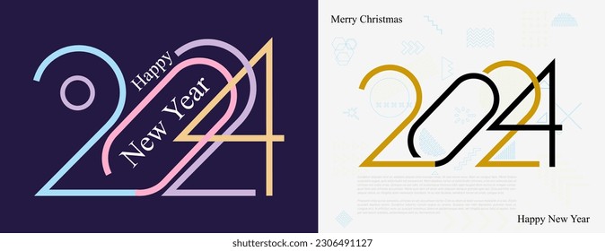 Set of classic Happy New Year 2024. Design with unique and modern numbers. Template 2024 for calendar, poster, card, web design. Symbols 2024. Vector with creative labels isolated on background.