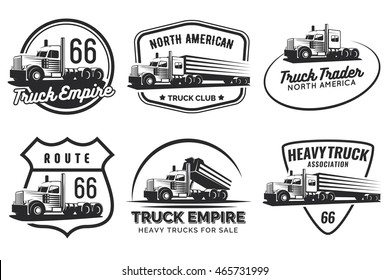 Set of classic heavy truck logo, emblems and badges. Truck with trailer and tip truck. Vector illustration.