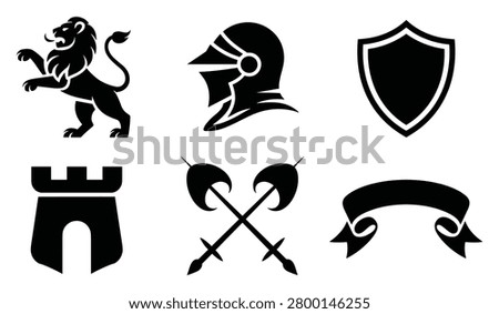 Set of classic heraldic silhouettes featuring rampant lion knight helmet shield fortress axe and blank scroll banner.