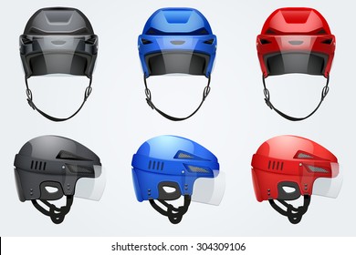 Set of Classic Hockey Helmets with glass visor. Front and side view. Sports Vector illustration isolated on white background.