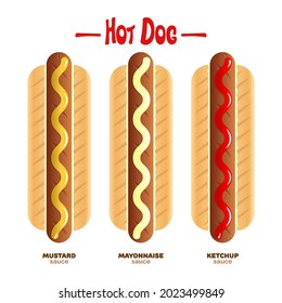 set of classic Hot Dogs with different sauce additions, ketchup, mayonnaise, mustard 
