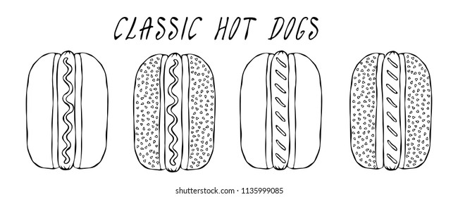 Set of Classic Hot Dogs. For Fast Food Menu. Hand Drawn High Quality Clean Vector Realistic Illustration. Doodle Style.