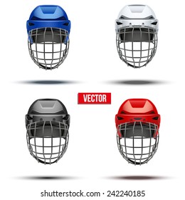 Set of Classic  Ice Hockey Helmet of different colors. Sports Vector illustration isolated on white background.