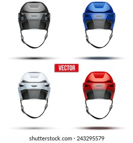 Set of Classic  Ice Hockey Helmet with glass visor of different colors. Sports Vector illustration isolated on white background.