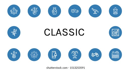 Set of classic icons such as Bell, Guitar, Amphora, Racing car, Chair, Lantern, Fountain pen, Fountain, Sidecar, Museum, Ballet, Turntable , classic