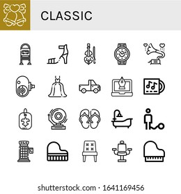 Set of classic icons. Such as Bells, Bus stop, High heel, Violin, Wristwatch, Gramophone, Amateur camera, Wedding dress, Pickup truck, Fountain pen, Lp, Fleur de lis , classic icons