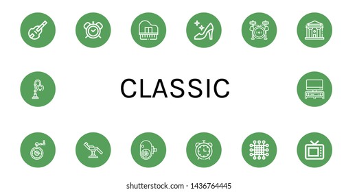 Set of classic icons such as Double bass, Alarm clock, Piano, High heels, Drum set, Courthouse, Pocket watch, Chair, Amateur camera, Net, Old tv, Street lamp, Tv , classic