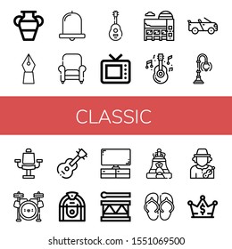 Set of classic icons. Such as Vase, Fountain pen, Bell, Armchair, Guitar, Old tv, Museum, Convertible, Street lamp, Chair, Drum set, Jukebox, Television, Drum , classic icons