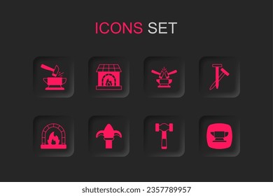 Set Classic iron fence, Blacksmith oven, Anvil and hammer, Hammer, Metallic nails, anvil tool,  and  icon. Vector