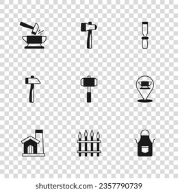 Set Classic iron fence, Blacksmith anvil tool, apron, Sledgehammer, Rasp metal file, Anvil and, Hammer and  icon. Vector