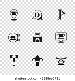 Set Classic iron fence, Blacksmith anvil tool, Anvil and hammer, oven, Metallic nails, Horseshoe and  icon. Vector