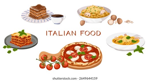Set with classic Italian meals and produce. Hand drawn illustration of pasta, pizza, risotto, lasagna, tiramisu and espresso for culinary design, restaurant menus, branding, packaging, stickers