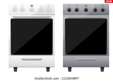 Set of Classic Kitchen Stove. Gas or Electric Range Cooker. Front View. Domestic equipment and Kitchen appliance. Vector Illustration isolated on white background.