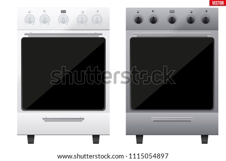 Set of Classic Kitchen Stove. Gas or Electric Range Cooker. Front View. Domestic equipment and Kitchen appliance. Vector Illustration isolated on white background.