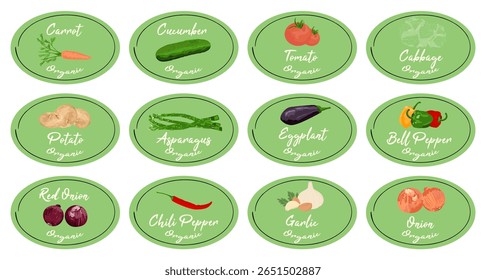 Set of classic light green fresh organic vegetable tags,labels,badges,stickers. Ideal for food packaging, farm product promotion and food concepts. Perfect for eco-friendly labels.