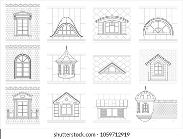 A set of classic mansard facade windows. Pediments. Attics. Silhouettes of city roofs