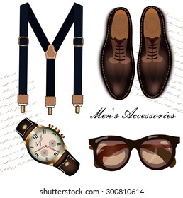 A set of classic men's accessories. Suspenders , brown shoes, gold watches, sunglasses