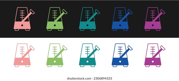 Set Classic Metronome with pendulum in motion icon isolated on black and white background. Equipment of music and beat mechanism.  Vector