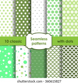 Set of classic mixed green seamless patterns with dots