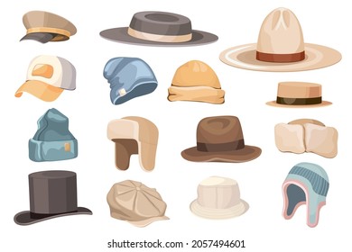 Set of Classic and Modern Male Beanie, Trapper, Top Hat Cylinder, The Poor Boy, Boater and Panama and Baseball or Cowboy Caps, Knitted Winter Headwear Isolated Men Fashion. Cartoon Vector Illustration