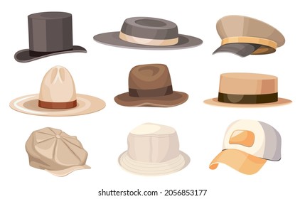 Set of Classic and Modern Male Headwear Top Hat Cylinder, The Poor Boy, Boater and Panama and Baseball or Cowboy Caps Isolated on White Background, Men Fashion. Cartoon Vector Illustration Icons