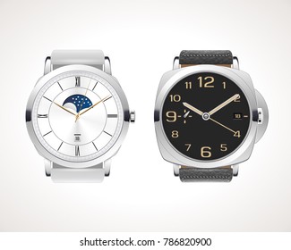 Set of classic and modern mens watches. Vector illustration of classic watches with different watch faces.