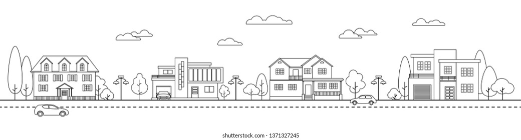 Set classic and modern private houses in suburban street. Line art design style. Residential  buildings, garages  and trees. Landscape design