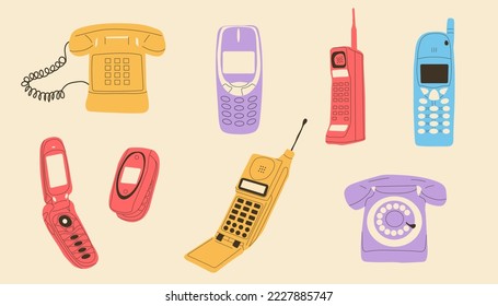 Set of classic and modern telephones. Hand drawn vector illustration.