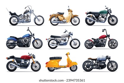 Set of classic motorcycles in various types. Vector cartoon illustration