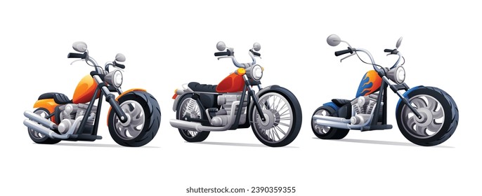 Set of classic motorcycles vector cartoon illustration isolated on white background