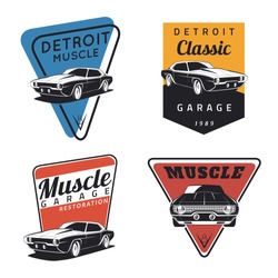 Set Of Classic Muscle Car Emblems, Logo, Badges And Icons. Service Car Repair, Restoration  And Car Club Design Elements