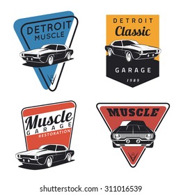 Set of classic muscle car emblems, logo, badges and icons. Service car repair, restoration  and car club design elements