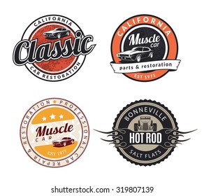 Set of classic muscle car emblems, badges and signs. Service car repair, restoration and car club design elements. Hot rod sign with flame.