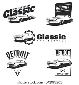 Set of classic muscle car emblems, badges and icons. Service car repair, restoration and club design elements. Isolated muscle car front view. Vector.