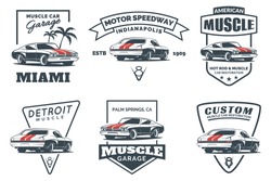 Set Of Classic Muscle Car Logo, Emblems, Badges And Icons Isolated On White Background. Service Car Repair, Restoration And Club Design Elements. Vector Illustration.