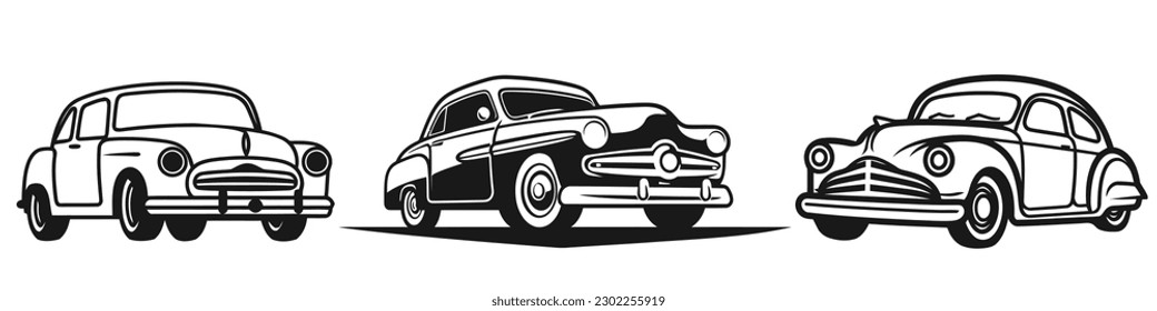 Set of classic muscle car logo, emblems, badges and icons isolated on white background. Service car repair, restoration and club design elements. Vector illustration.