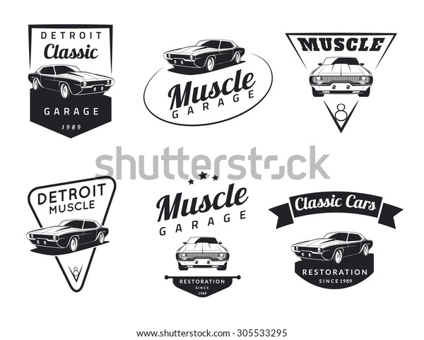 Set of classic muscle car logo, emblems, badges\
and icons. Service car repair, car restoration and car club design\
elements. Vector.