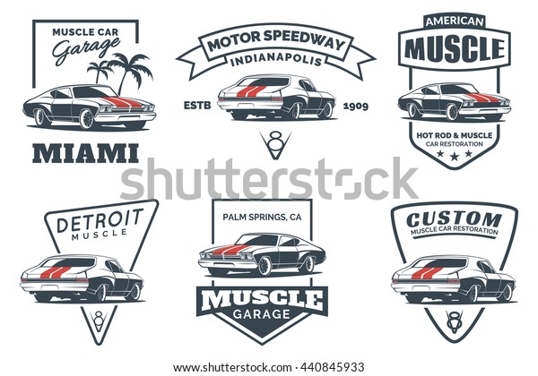 Set of classic muscle car\
logo, emblems, badges and icons isolated on white background.\
Service car repair, restoration and club design elements. Vector\
illustration.