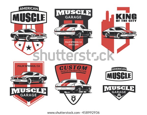 Set of classic muscle\
car logo, emblems, badges and icons isolated on white background.\
Car club design elements. Old vintage car service and restoration\
emblems. Vector.