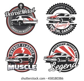 Set of classic muscle car round emblems, badges and signs.Vintage car club design elements.