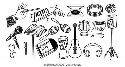 Set of classic music elements in childish doodle hand drawn style isolated on white background.