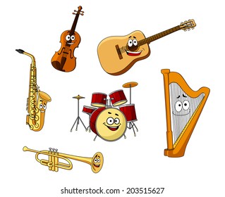 Set of classic musical instruments with a saxophone, violin, guitar, drums, harp, and trumpet with happy smiling faces, vector illustration on white