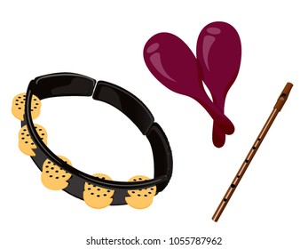 Set of classic musical instruments. Tambourine, maracas, flute vector illustration.