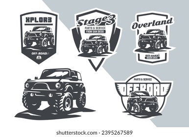 Set of classic off-road suv car emblems, badges and icons. Rock crawler car on trail. Isolated suv front side view.